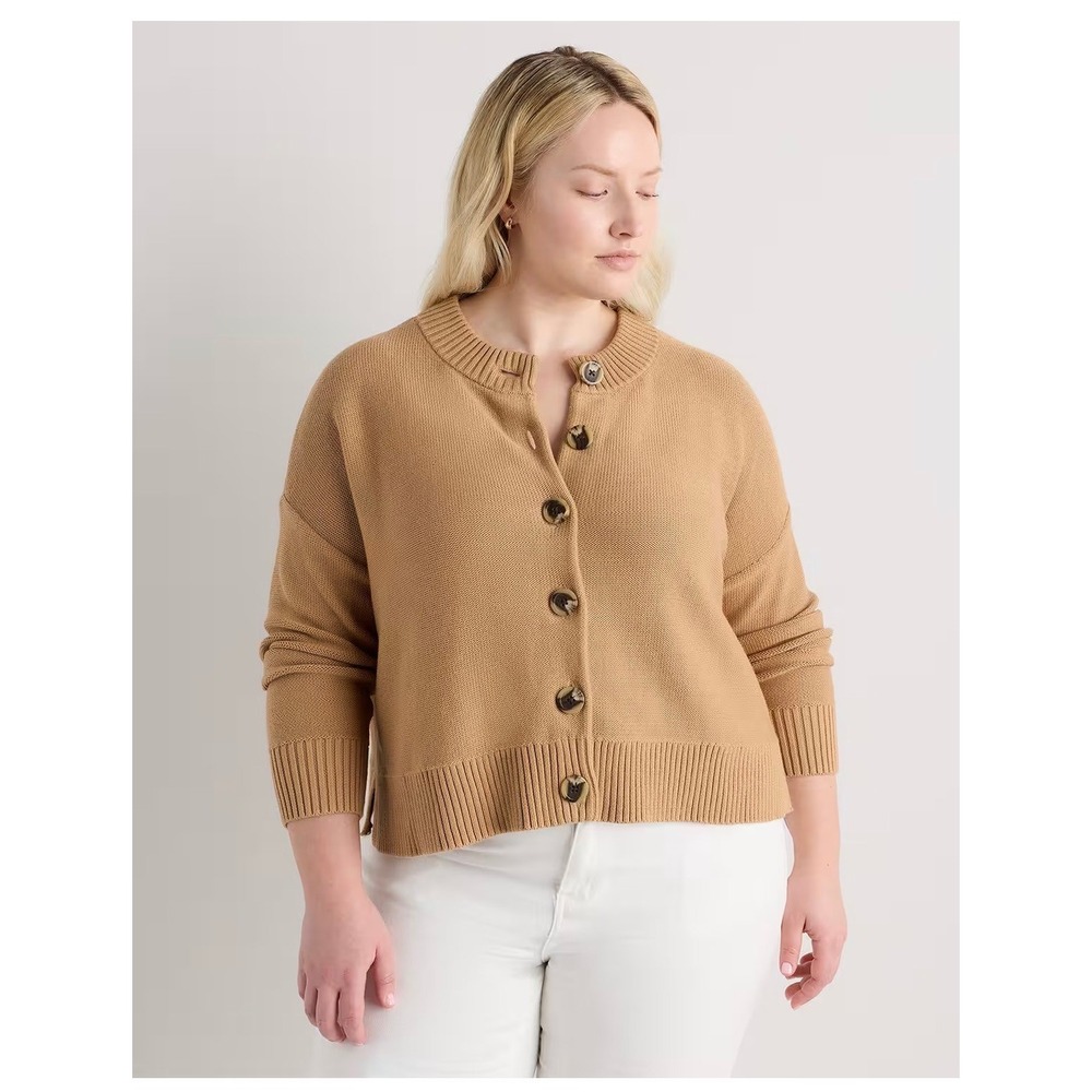 Quince Organic Cotton Cropped Cardigan Sweater Camel Tan Large Crew Neck Button